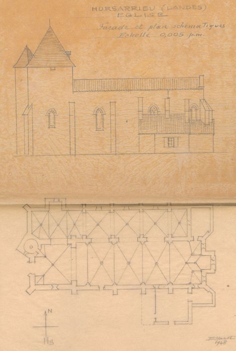 façade latérale sud, plan (dessin : crayon sur papier)