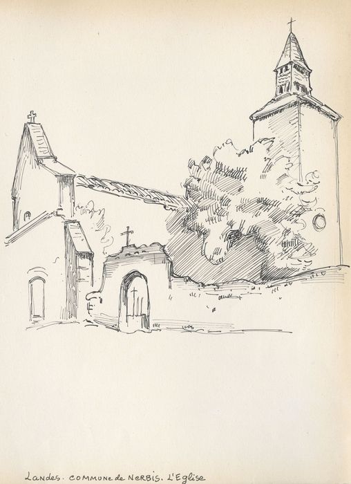 façade latérale sud, vue partielle (dessin : encre sur papier)