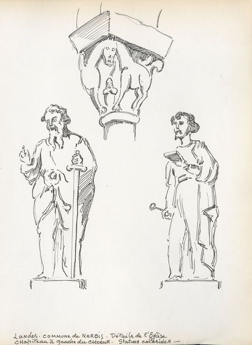 statues : Saint Pierre, saint Paul, détail d’un chapiteau  (dessin : encre sur papier)