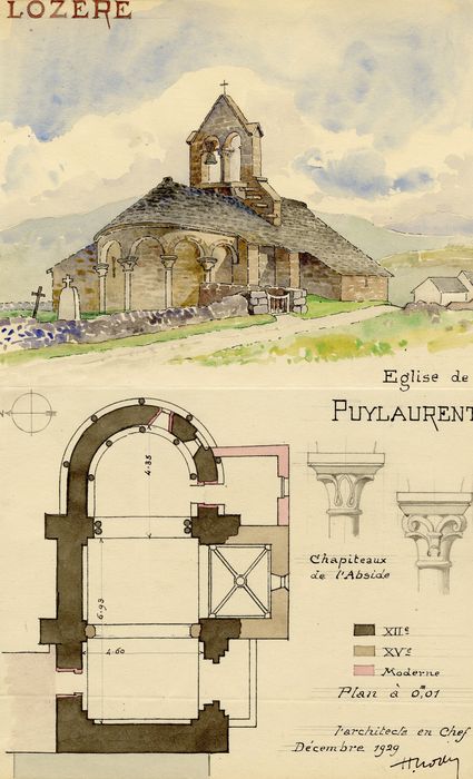 ensemble nord-est, plan, détails de deux chapiteaux (dessin : aquarelle sur papier)