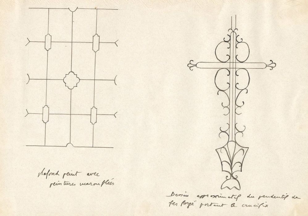 détail d’un plafond, détail du pendentif en fer forgé portant le crucifix(dessin : encre sur papier)