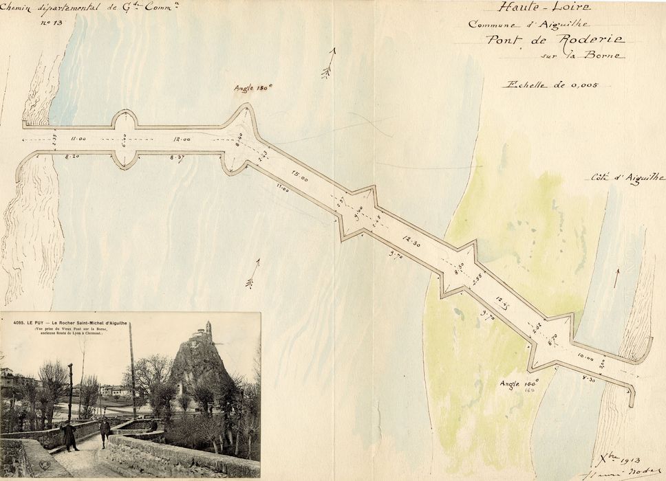 plan (dessin : encre sur papier) ; vue partielle du pont dans son environnement