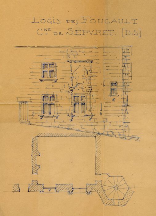 plan, façade antérieure, vue partielle (dessin : Encre sur calque)