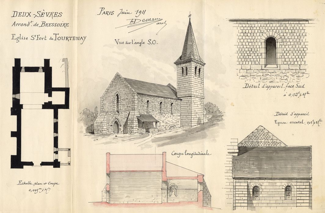 ensemble sud-ouest, plan, coupe, détails (dessin : Encre sur papier)