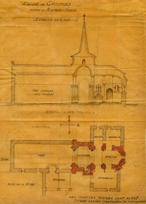 coupe longitudinale, plan (dessin : crayon sur papier)