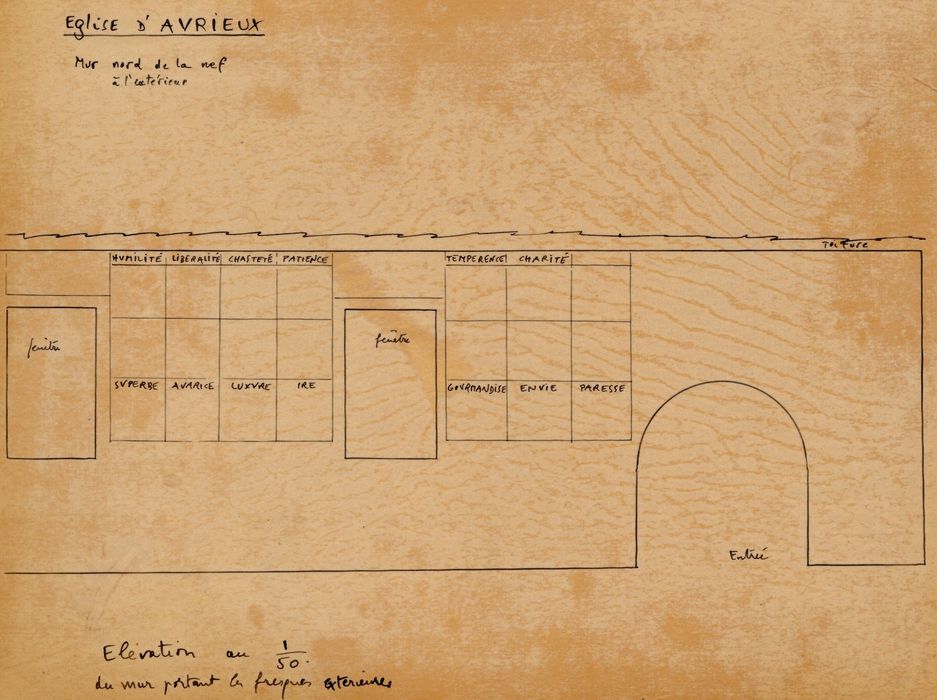 plan des peintures monumentales : Vertus, vices et châtiments (dessin : Encre sur calque)