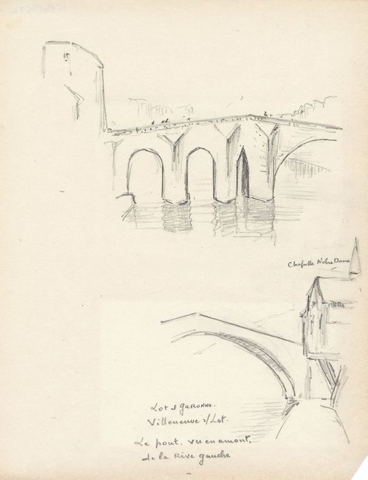 vue partielle du pont depuis l’amont (dessin : crayon sur papier)