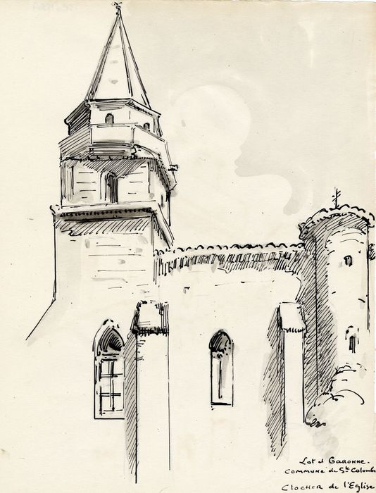 façade latérale sud, vue partielle (dessin : encre sur papier)