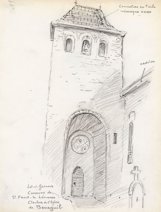 clocher, élévation ouest (dessin : crayon sur papier)