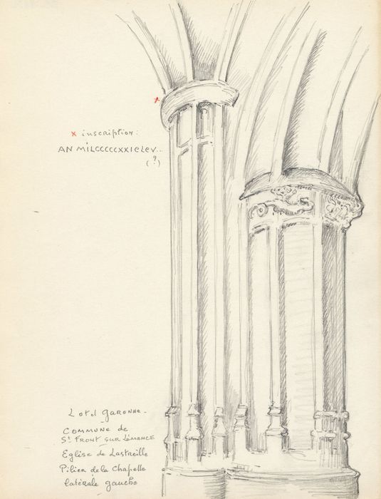 chapelle latérale nord, détail d’un pilier (dessin : crayon sur papier)