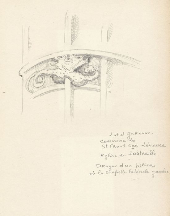 chapelle latérale nord, pilier, détail d’un élément sculpté (dessin : crayon sur papier)