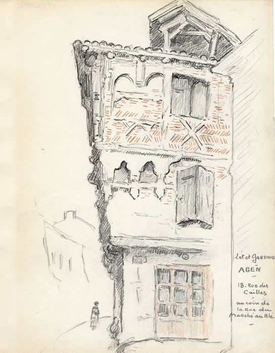Dessin Original Frank Lewis Emanuel – Scène De Rue En France – Crayon Signé
