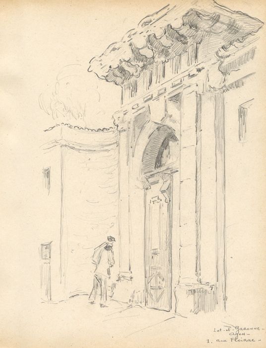 portail monumental d’accès sur rue à la cour d’honneur (dessin : crayon sur papier)