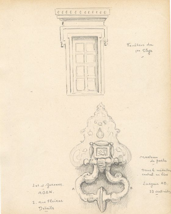 porte d’accès, détail du marteau de porte (dessin : crayon sur papier)