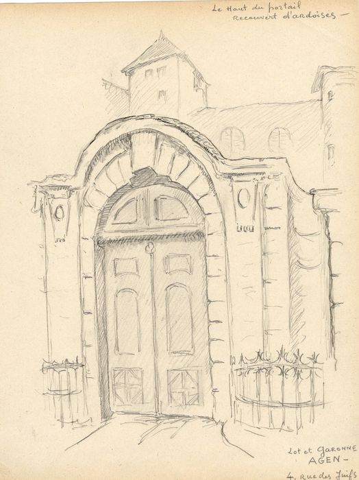 portail monumental d’accès sur rue à la cour intérieur (dessin : crayon sur papier)