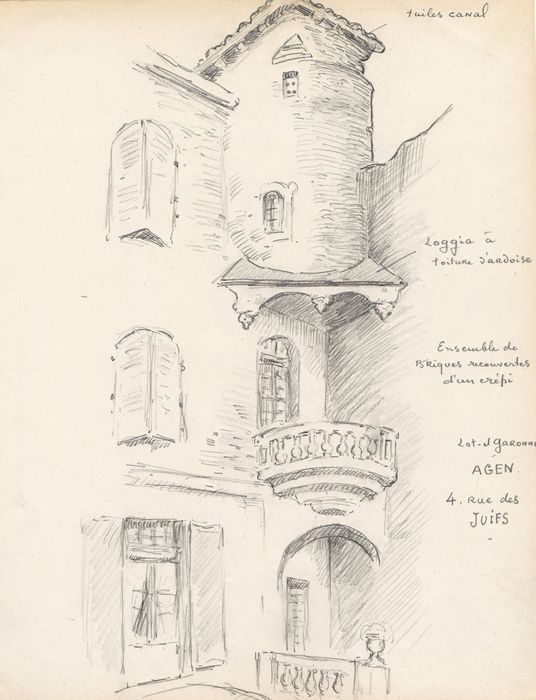 cour intérieure, vue partielle des façades (dessin : crayon sur papier)