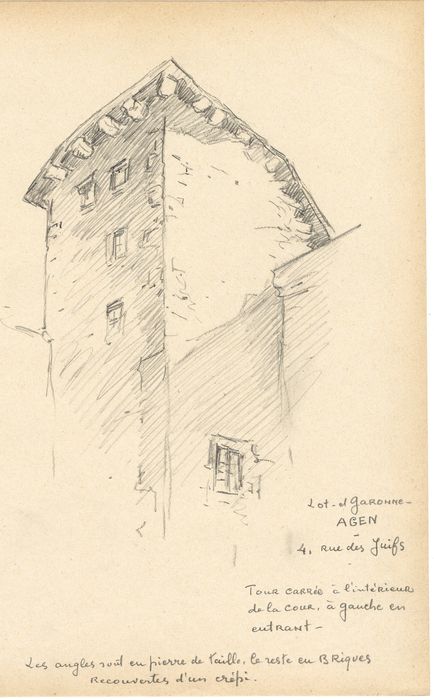 cour intérieure, tour sud-est (dessin : crayon sur papier)