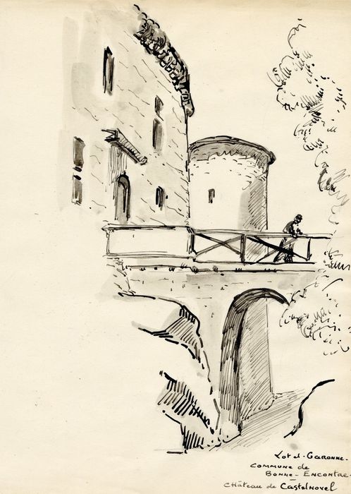 façade est avec l’ancien pont-levis, vue partielle (dessin : encre sur papier)