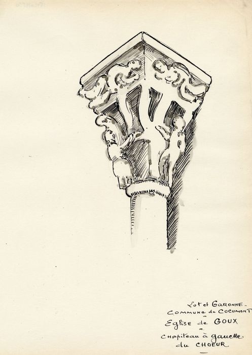 choeur, détail d’un chapiteau sculpté (dessin : encre sur papier)