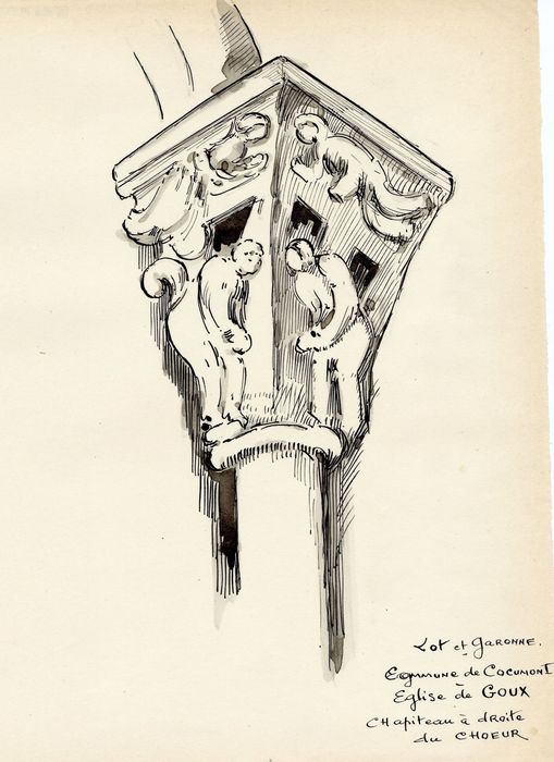 choeur, détail d’un chapiteau sculpté (dessin : encre sur papier)