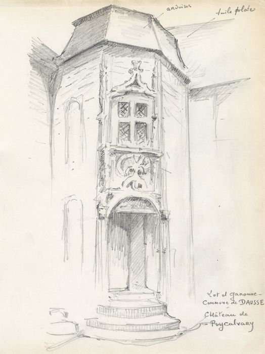 tourelle d’escalier, angle sud-est de la cour intérieure (dessin : crayon sur papier)