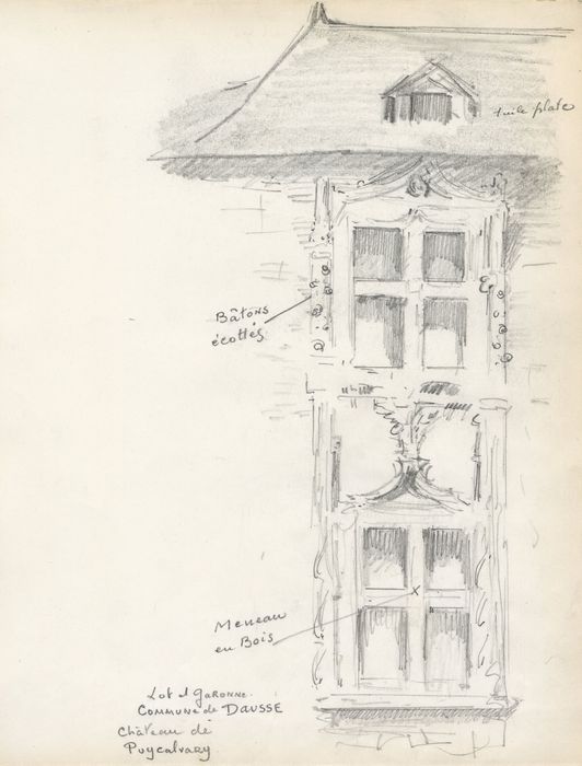 aile nord, façade sud sur la cour intérieure, vue partielle (dessin : crayon sur papier)