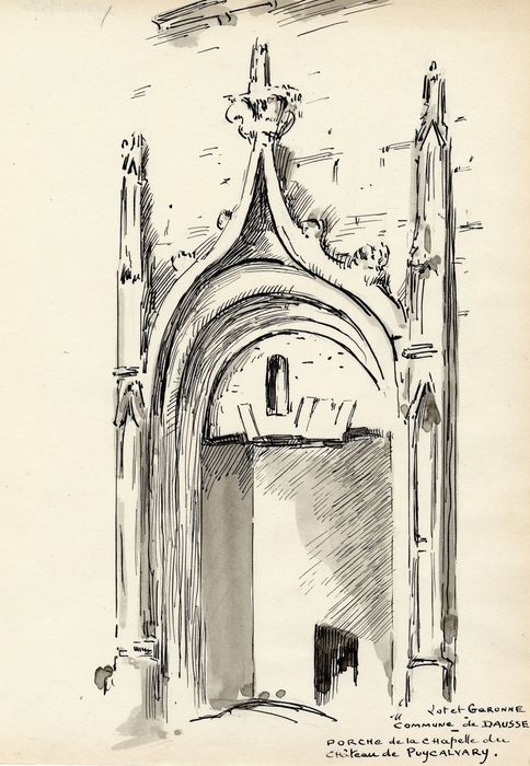 chapelle, portail d’accès sud (dessin : encre sur papier)