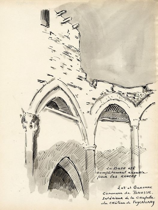 chapelle, vestiges du choeur, vue partielle (dessin : encre sur papier)