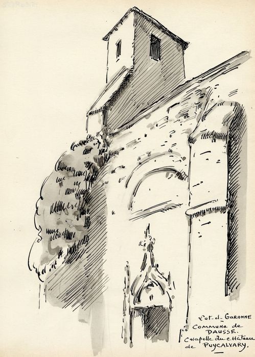 chapelle, façade latérale sud, vue partielle (dessin : encre sur papier)