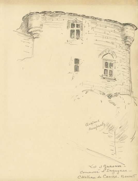 façade sud-ouest, vue partielle (dessin : crayon sur papier)