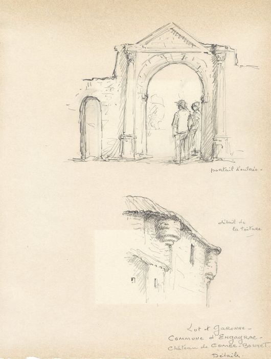 portail d’accès est, détail des échauguettes aux angles sud-ouest et sud-est (deessin : crayon sur papier)