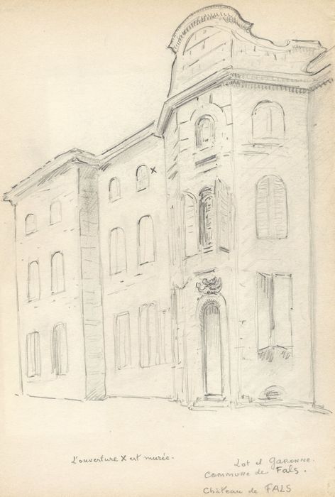 façade ouest, vue partielle (dessin : crayon sur papier)