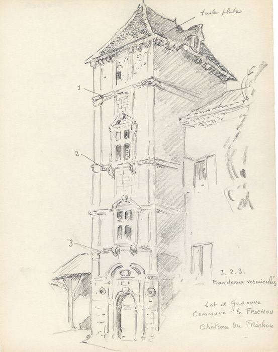 tour sud-ouest, élévation sud (dessin : crayon sur papier)