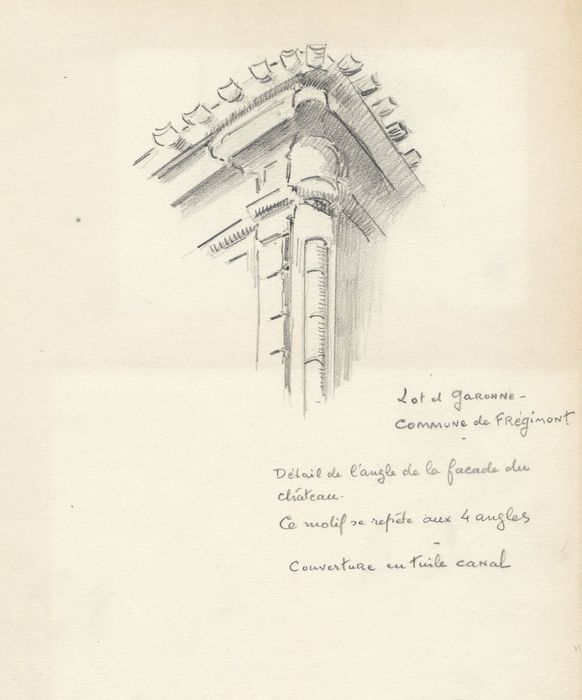 détail du traitement des maçonnerie dans un angle des façades (dessin : crayon sur papier)