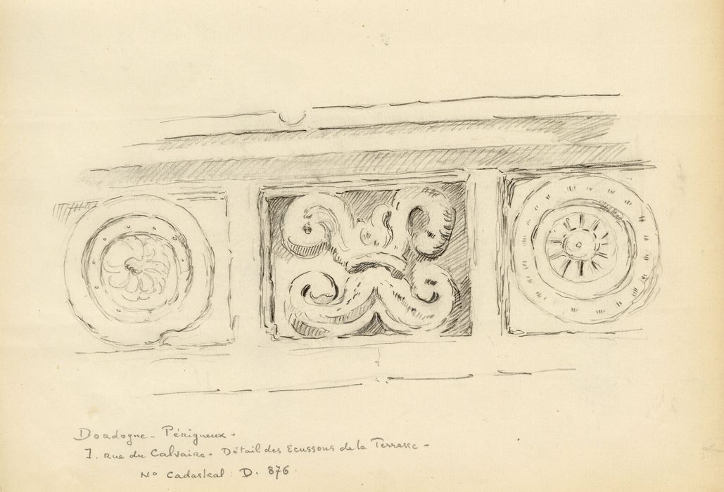 façades de la terrasse sur rues, détail des médaillons du garde-corps (dessin : crayon sur papier)