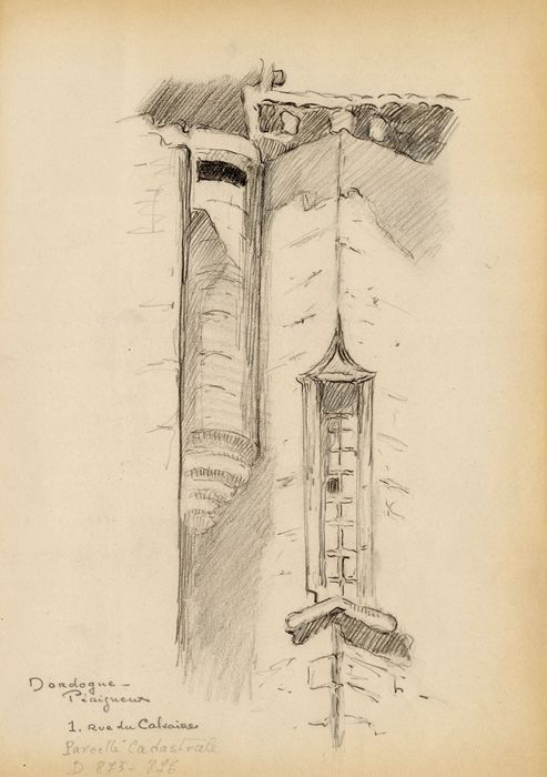 façades de la terrasse sur rues, détail des médaillons du garde-corps (dessin : crayon sur papier)