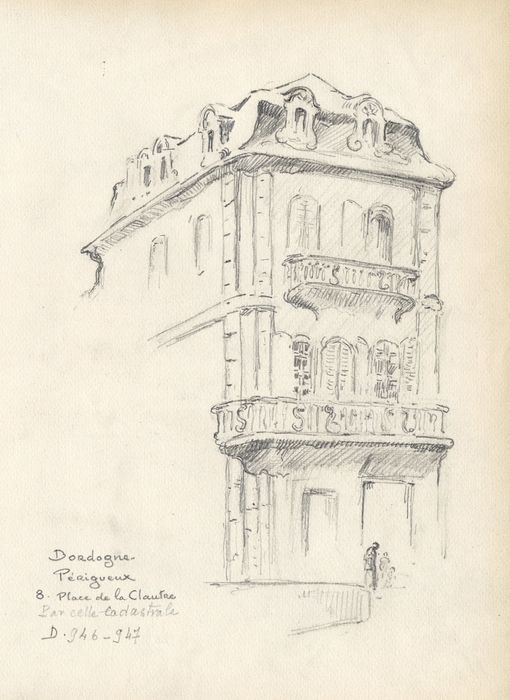 façades sur rues, vue partielle (dessin : crayon sur papier)