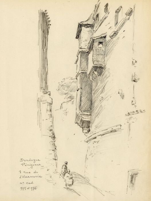 façade sur rue, vue partielle (dessin : crayon sur papier)