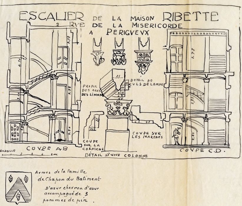 coupe de l’escalier (calque : encre sur papier)