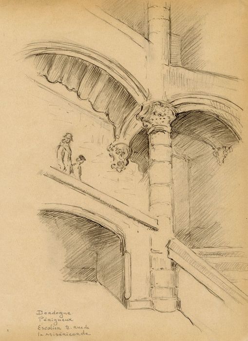 détail des décors des plafonds à caissons de l’escalier monumental (dessin : crayon sur papier)