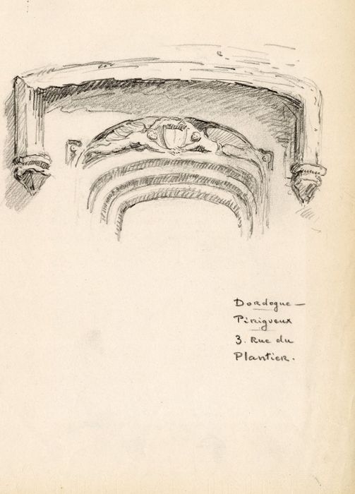 porte d’accès à la tourelle d’escalier, détail du tympan (dessin : crayon à papier)