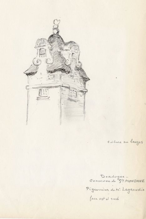 vue partielle, élévations sud et est (dessin : crayon sur papier)