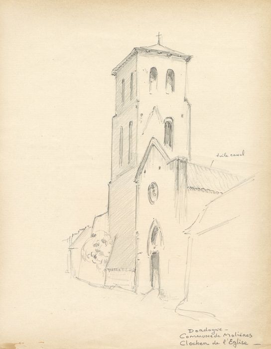 clocher, élévations sud et ouest (dessin : crayon sur papier)