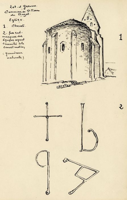 chevet et détails des marques de tâcherons (dessin : encre sur papier)