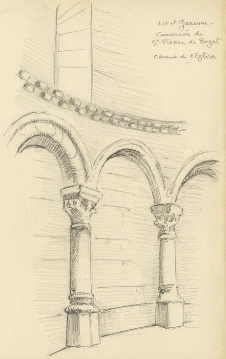 détail du chrisme situé sur le linteau de la porte d’accès sud, détail d’une marque de tâcheron (dessin : encre sur papier)