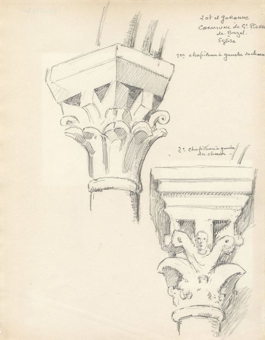 abside du choeur, détails de deux chapiteaux sculptés (dessin : crayon sur papier)