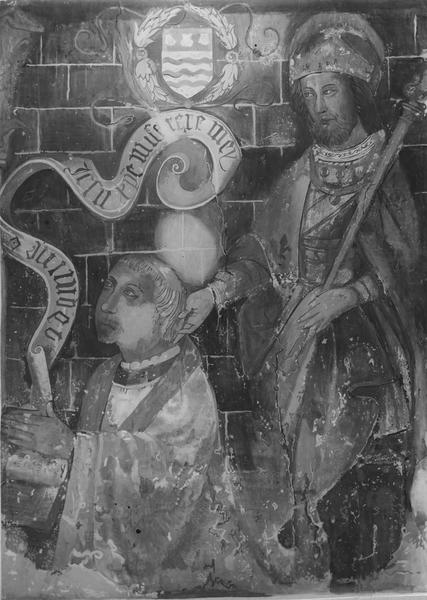 peintures murales : salle des Preux, fresques, détail montrant le donateur Louis d'Anjony, aumônier du roi Louis VII, présenté par son patron saint Louis