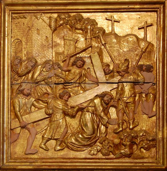 retable du maître-autel, détail d'un panneau sculpté, scène du portement de croix