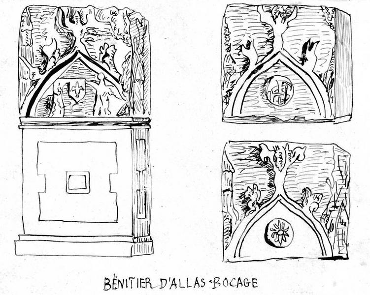 bénitier, vue générale, détails des éléments bas-reliefs