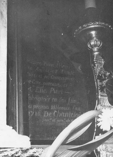 retable, tableau : la Transfiguration, détail de l'inscription et de la date - © Ministère de la Culture (France), Médiathèque du patrimoine et de la photographie (objets mobiliers), tous droits réservés